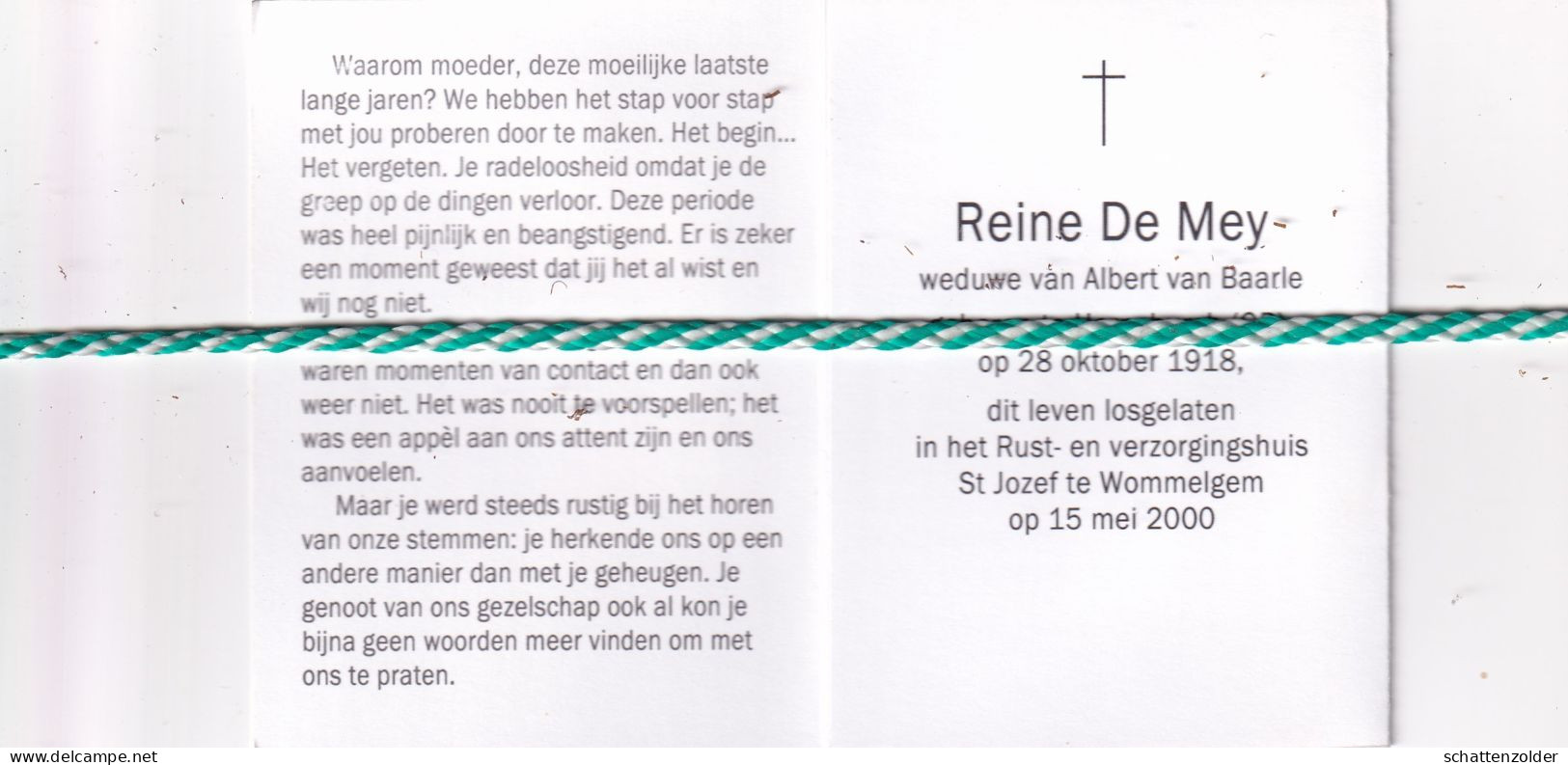 Reine De Mey-van Baarle, Hornchurch (GB) 1918, Wommelgem 2000. Foto - Obituary Notices