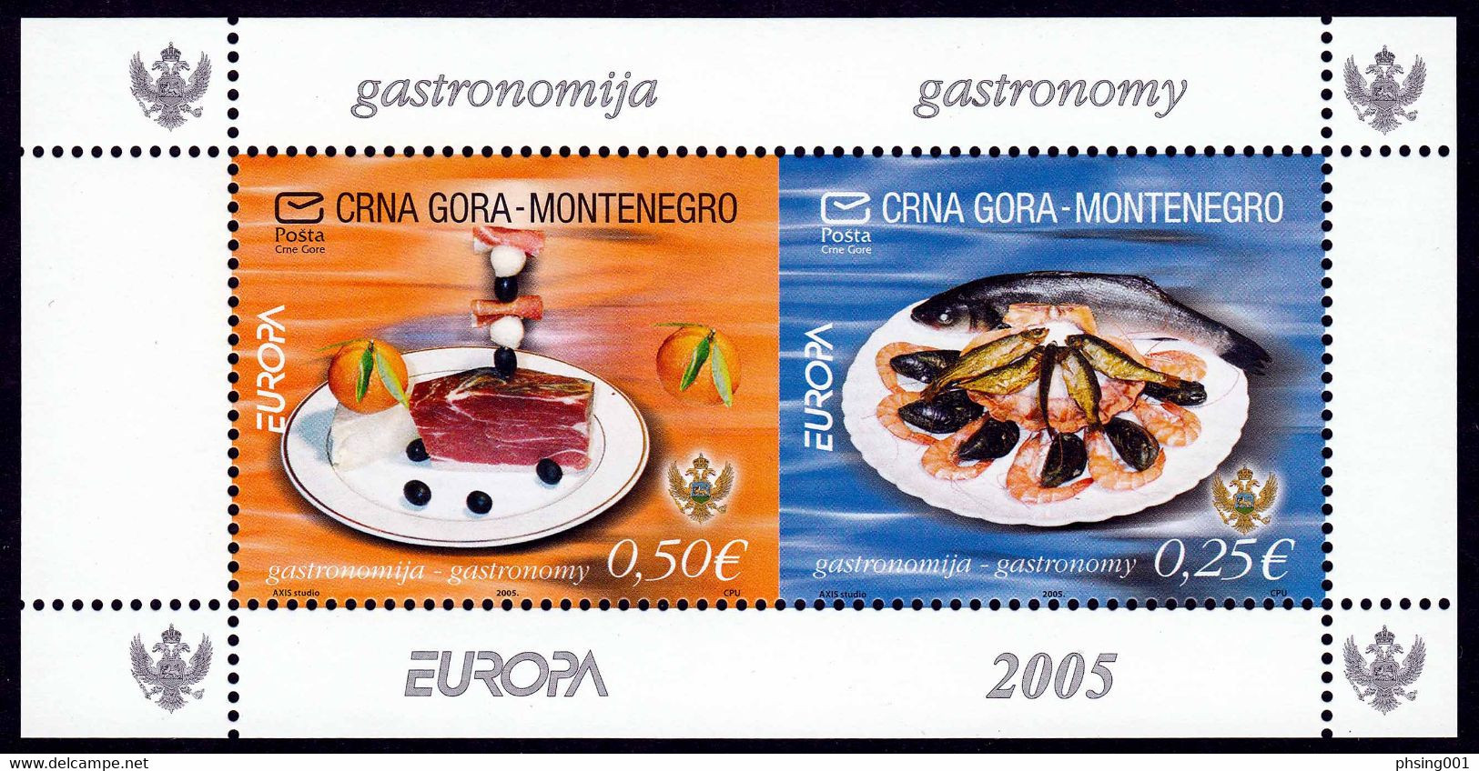 Montenegro 2005 Europa CEPT Gastronomy Ham Olives Orange Fishes Sadines Shrimps Shells, Block From Booklet MNH - Montenegro