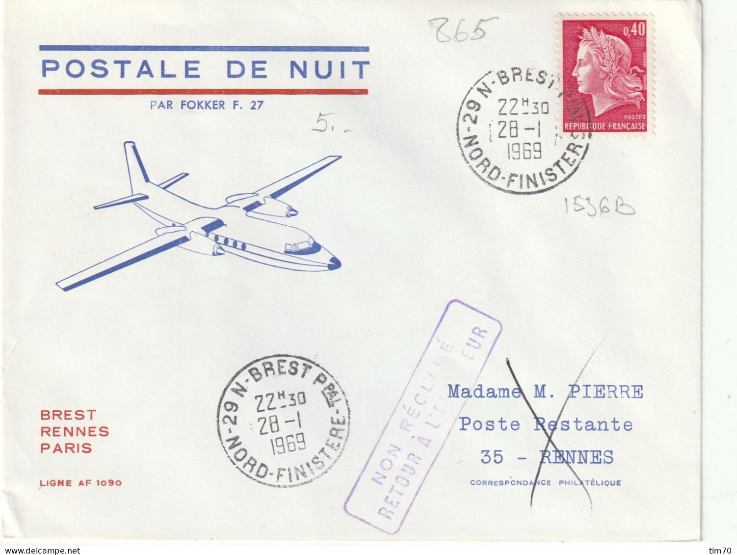 POSTAL  DE  NUIT     BREST  - RENNES  -   PARIS - Manual Postmarks