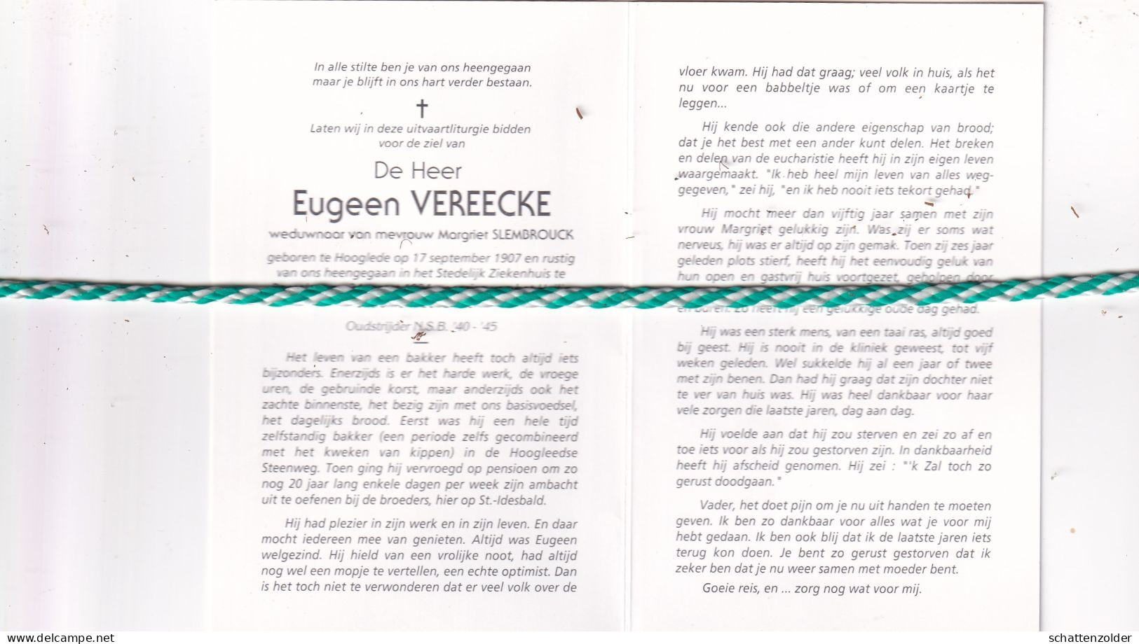 Eugeen Vereecke-Slembrouck, Hooglede 1907, Roeselare 1994. Oud-strijder 40-45; Foto - Obituary Notices