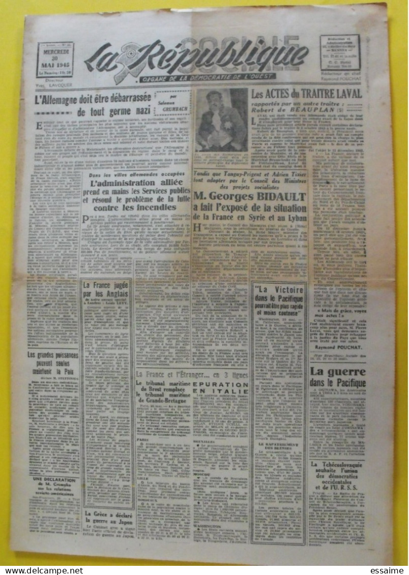 Journal  La République Sociale N° 31 Du 30 Mai 1945. Japon Pacifique Bidault épuration Laval De Beauplan - Weltkrieg 1939-45