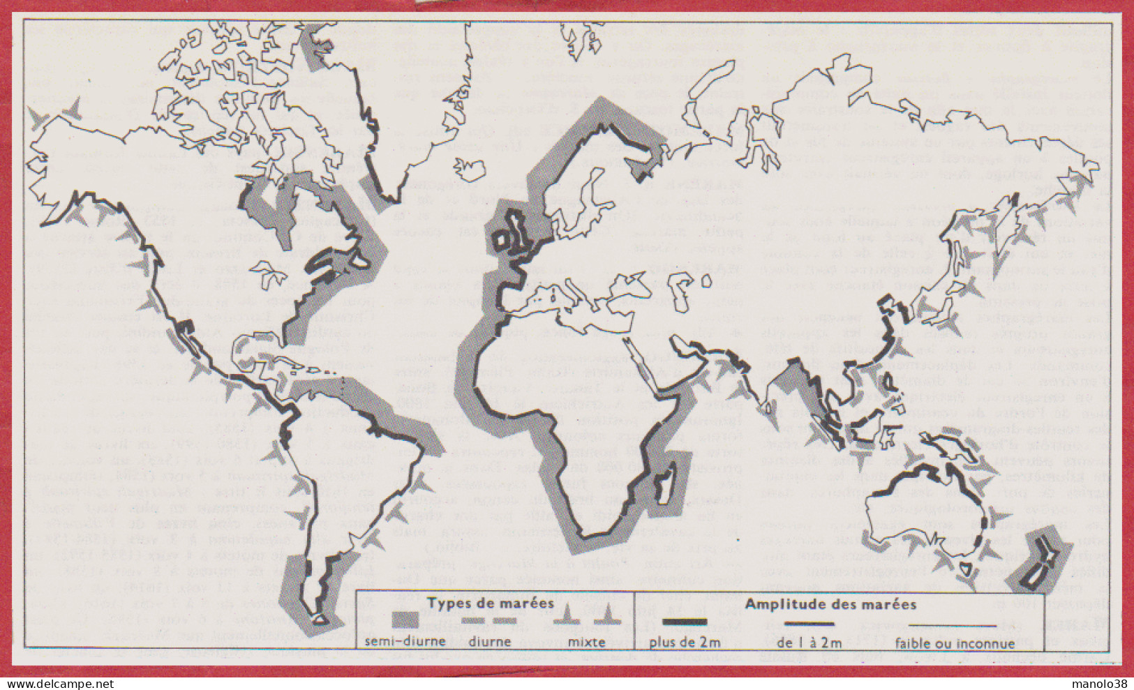 Marée. Carte Des Marées. Types De Marées Et Amplitudes. Larousse 1960. - Historical Documents