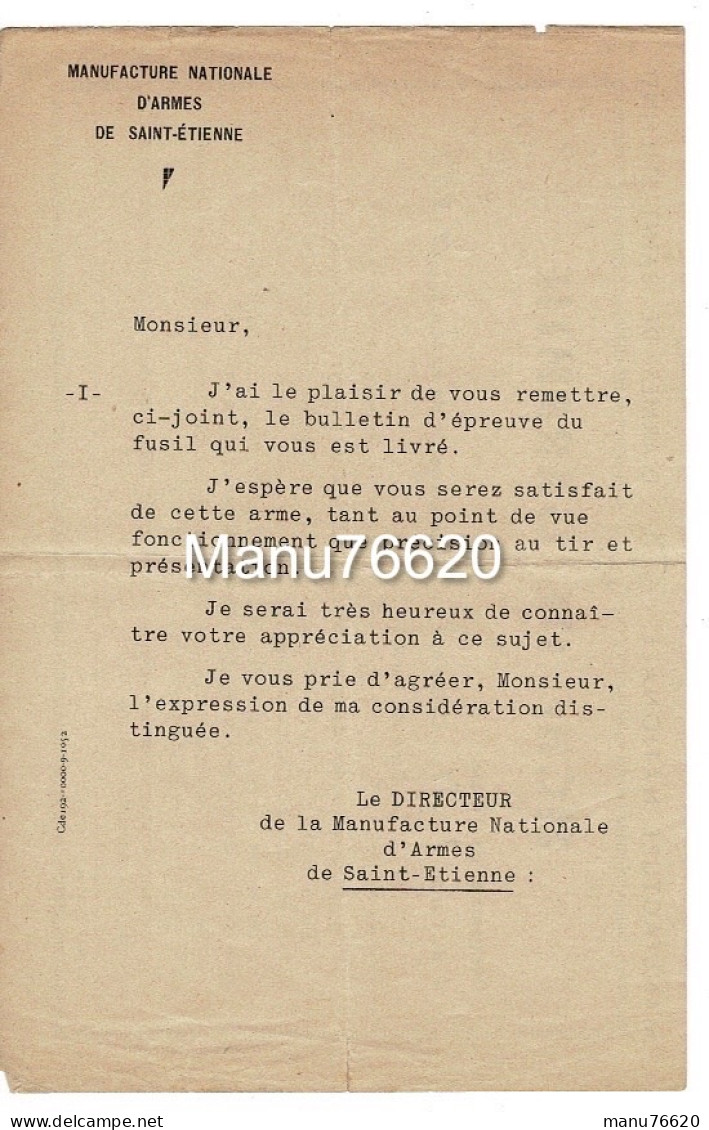 Certificat : Fiche De Garantie Manufacture Nationale D'armes De  Saint Etienne - 1950 - ...