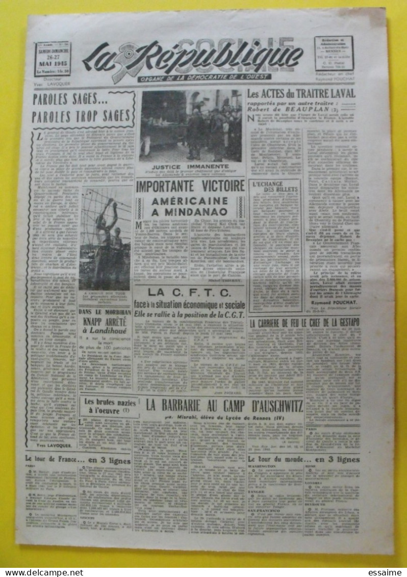 Journal  La République Sociale N° 28 Du 26-27 Mai 1945. Auschwitz épuration Laval De Beauplan Knapp Suicide Himmler - Guerre 1939-45