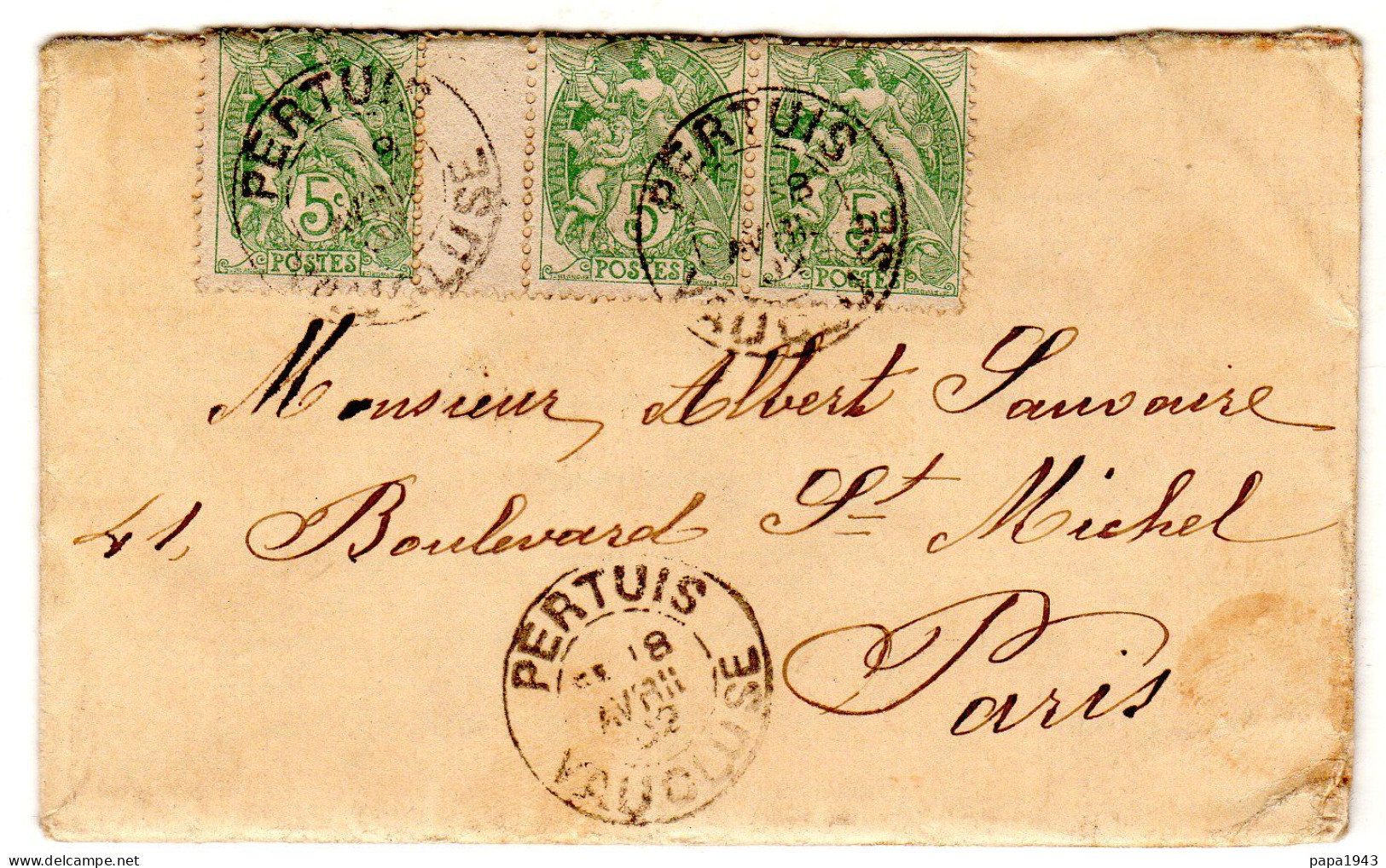 1902  CAD PERTUIS    Sur Millésime Type BLANC  5c Vert  Envoyée à PARIS ( Courrier Intérieur ) - Covers & Documents