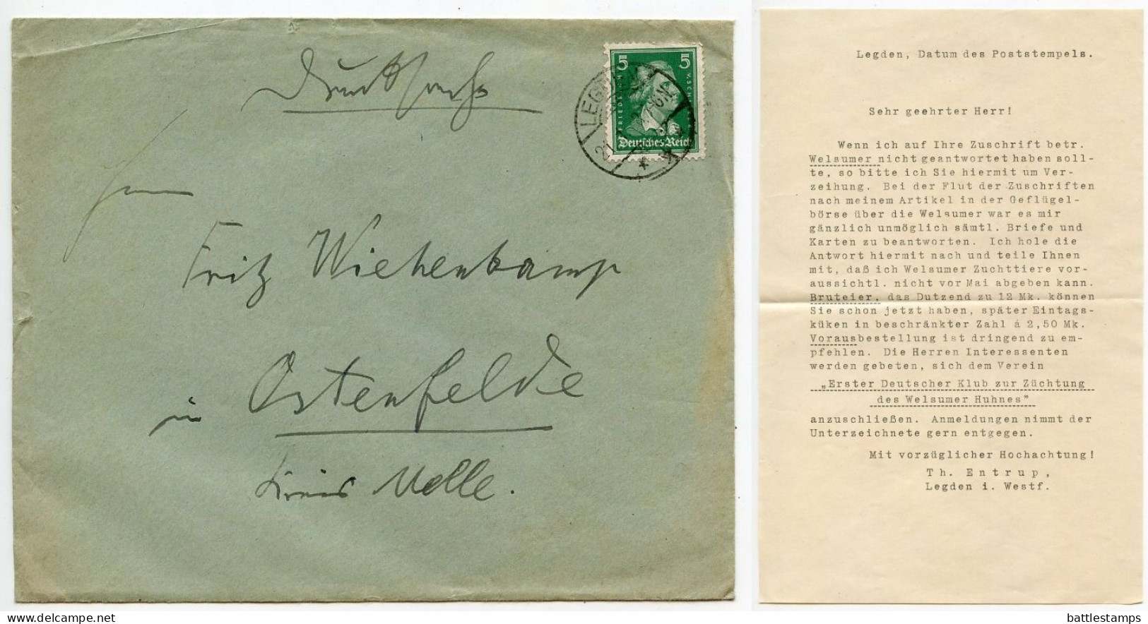 Germany 1928 Cover & Letter; Legden To Ostenfelde; 5pf. Friedrich Von Schiller - Lettres & Documents