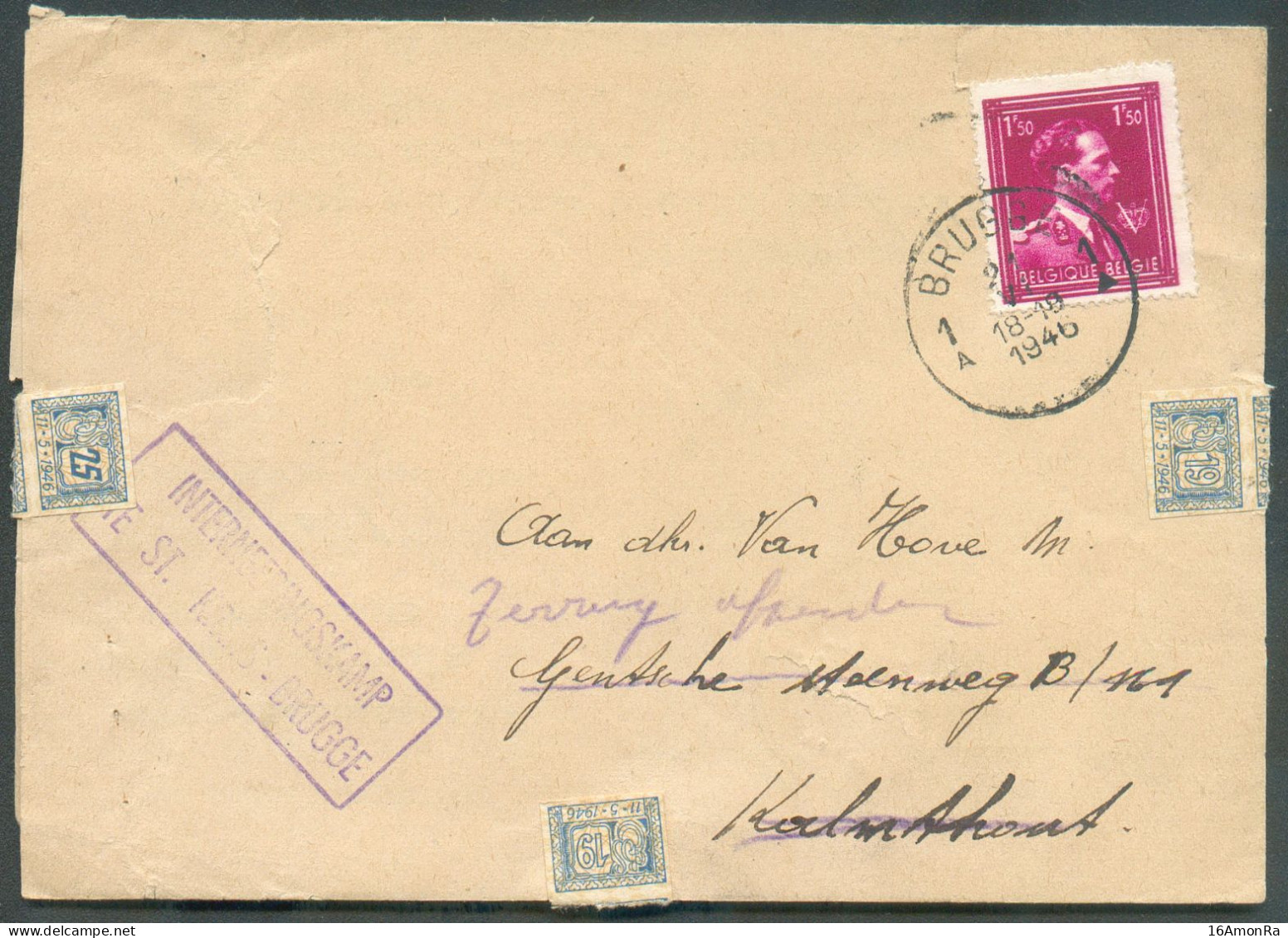 INTERNEERINGSKAMP  TE ST.KRUIS - BRUGGE 1Fr50 LEOPOLD III V Obl. Sc BRUGGE 1 Sur Lettre Du 21-V-1946 Vers Kalmthout (b - Lettres & Documents