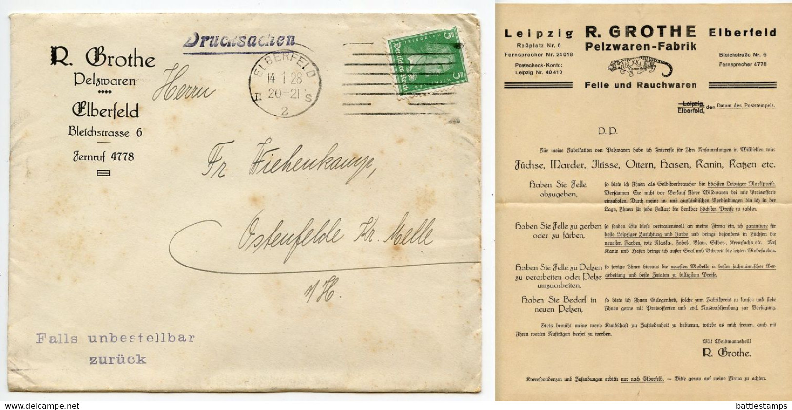 Germany 1928 Cover & Letters; Elberfeld - R. Brothe, Pelzwaren To Ostenfelde; 5pf. Friedrich Von Schiller - Cartas & Documentos