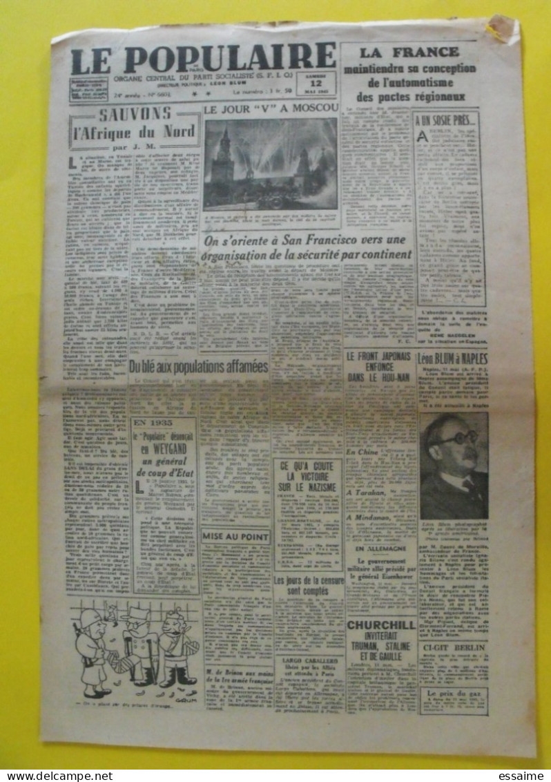 Journal  Le Populaire Du 12 Mai 1945. Cadavre Hitler Japon Blum  Weygand De Brino Chine Eisenhower - Oorlog 1939-45