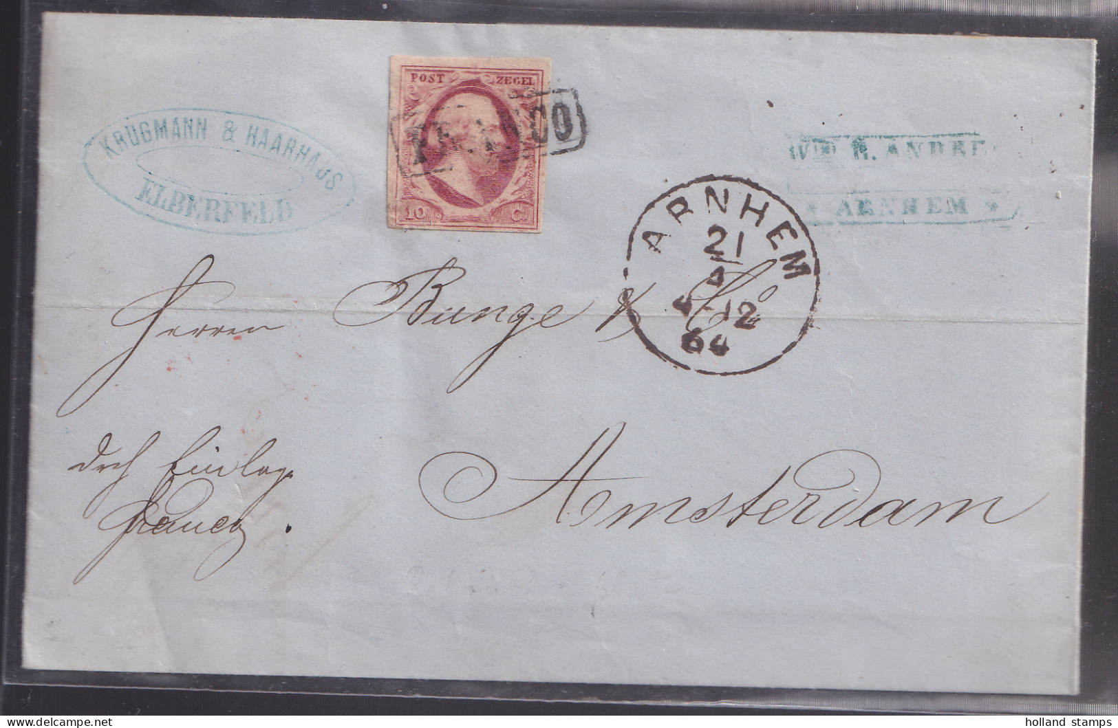 Nederland  NVPH Nr 2 Uit 1864 Op HANDGESCHREVEN BRIEF Van EBERFELD Gelopen Van ARNHEM Naar Fa BUNGE Te AMSTERDAM (12.404 - Storia Postale