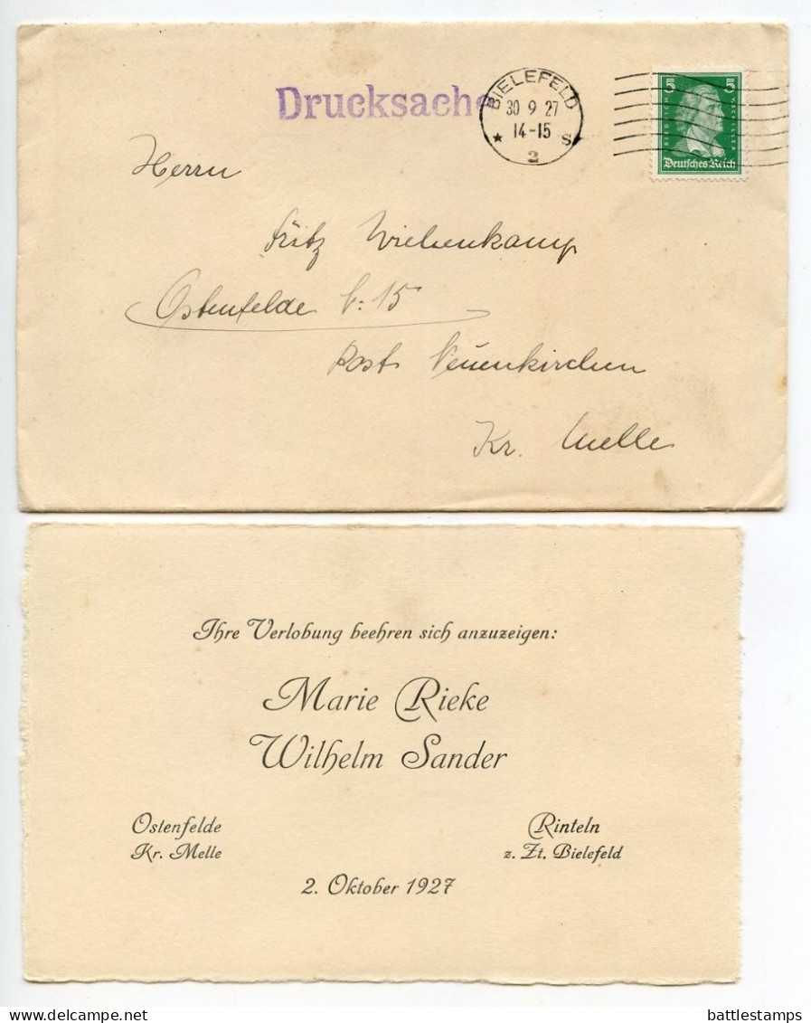 Germany 1927 Cover & Engagement Card; Bielefeld To Ostenfelde; 5pf. Friedrich Von Schiller - Storia Postale