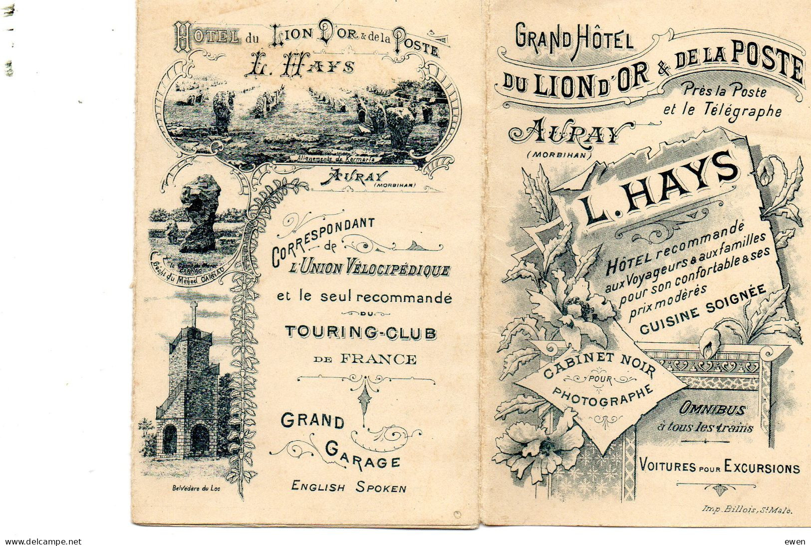 2 Dépliants Publicitaires Hôtel Du LIon D'Or à Auray, Morbihan. (Années 1920) - Toeristische Brochures