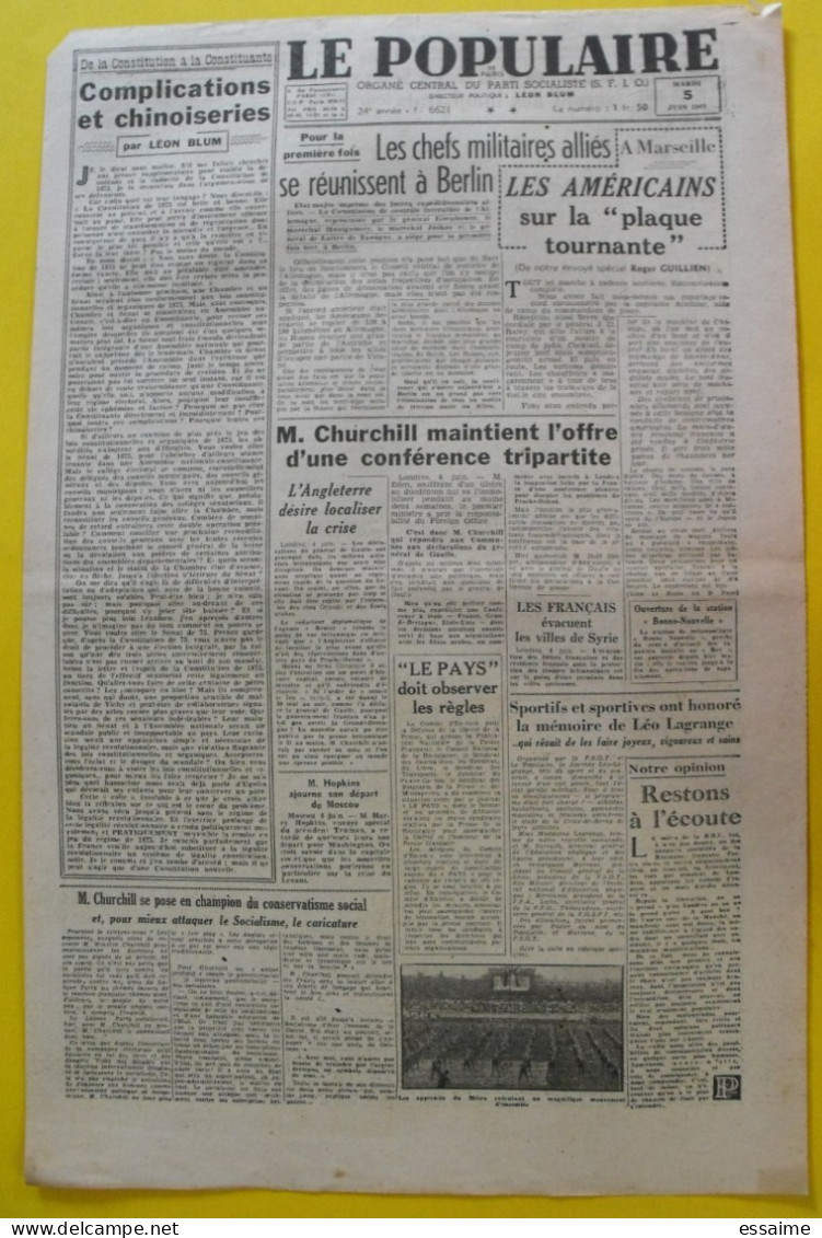 Journal  Le Populaire Du 5 Juin 1945. Guerre Blum Churchill Syrie épuration Nenni Liban - Weltkrieg 1939-45