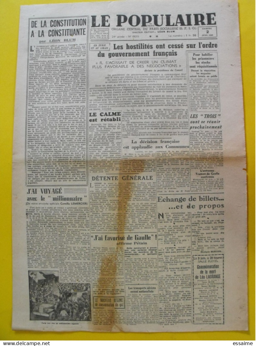 Journal  Le Populaire Du 2 Juin 1945. Guerre Blum Churchill Syrie épuration Nenni Liban Truman De Gaulle Pétain  Laval - Weltkrieg 1939-45