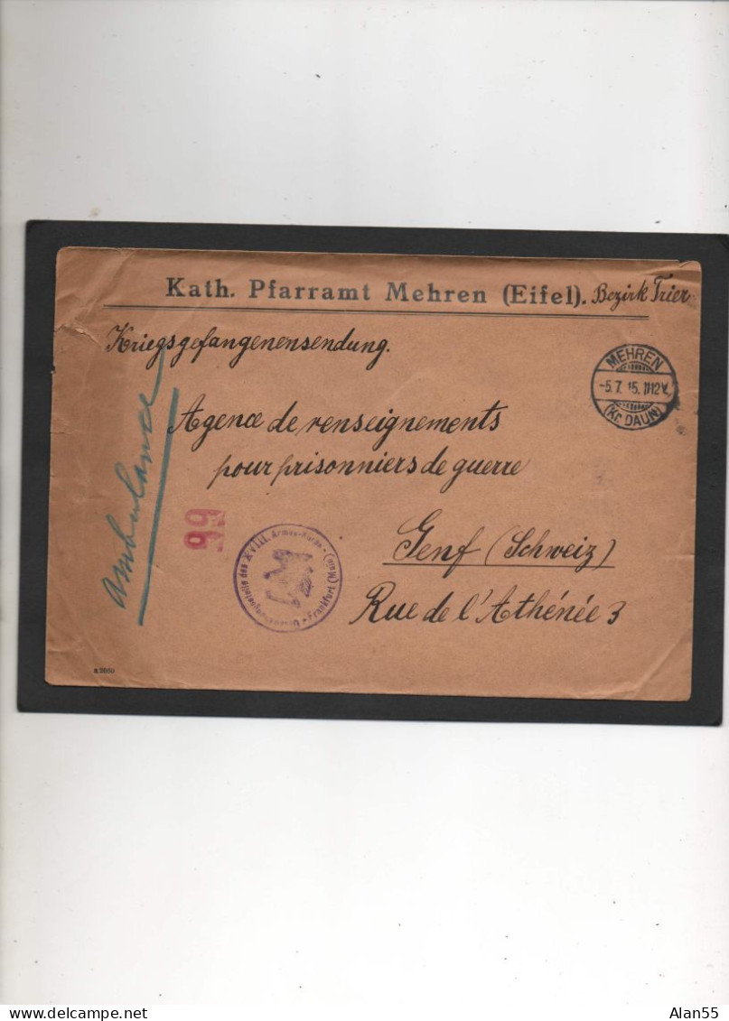 ALLEMAGNE,1915, CORRESP. PRISONNIER DE GUERRE,MEHREN, CENSURE, VIA  CROIX-ROUGE  SUISSE, - Prisoners Of War Mail