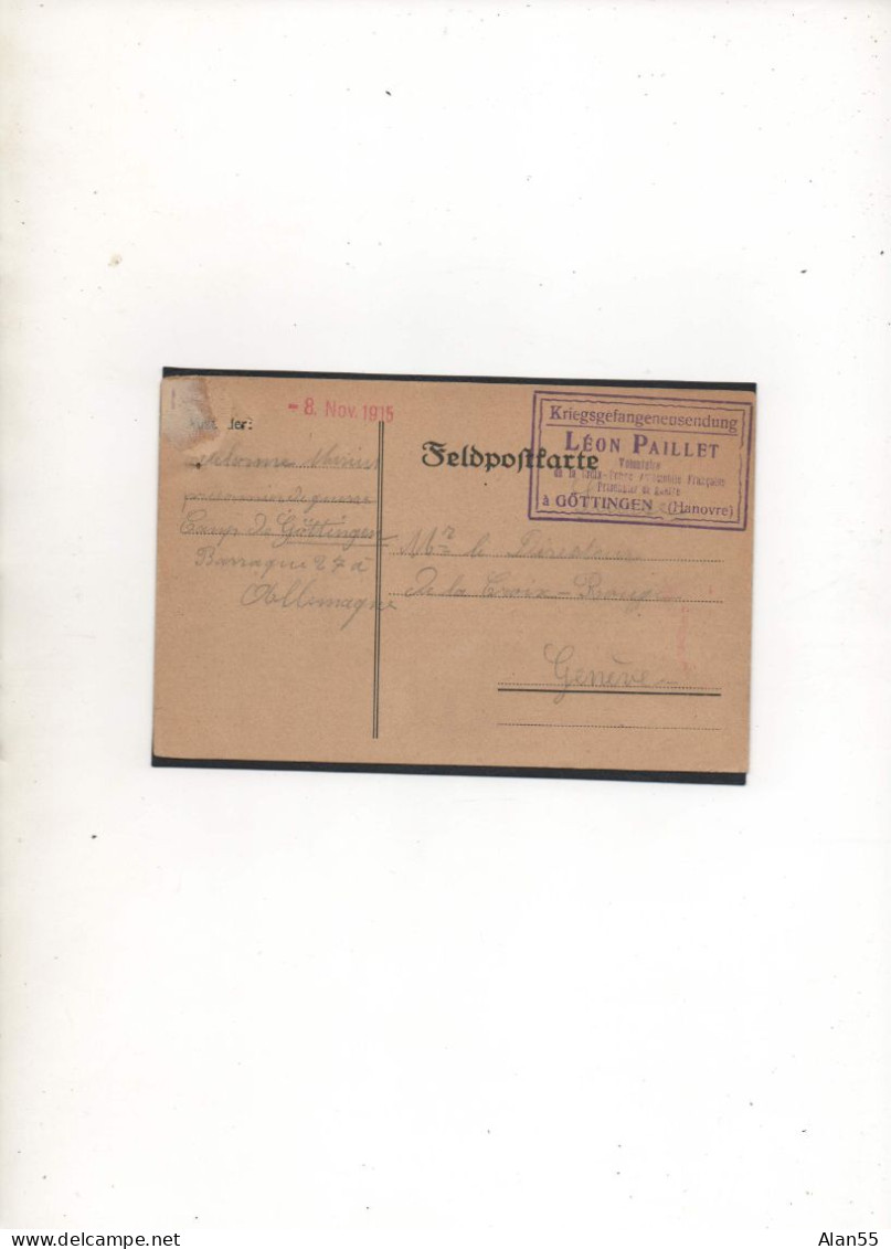ALLEMAGNE,1915, PRISONNIER DE GUERRE FRANCAIS, GOTTINGEN,VIA  CROIX-ROUGE  SUISSE - Prisoners Of War Mail