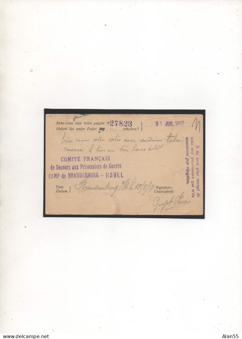 ALLEMAGNE,1917,PRISONNIER DE GUERRE FRANCAIS, BRANDENBURG-HAVEL, 2 GRIFFES AU VERSO, 2 CENSURES - Prisoners Of War Mail