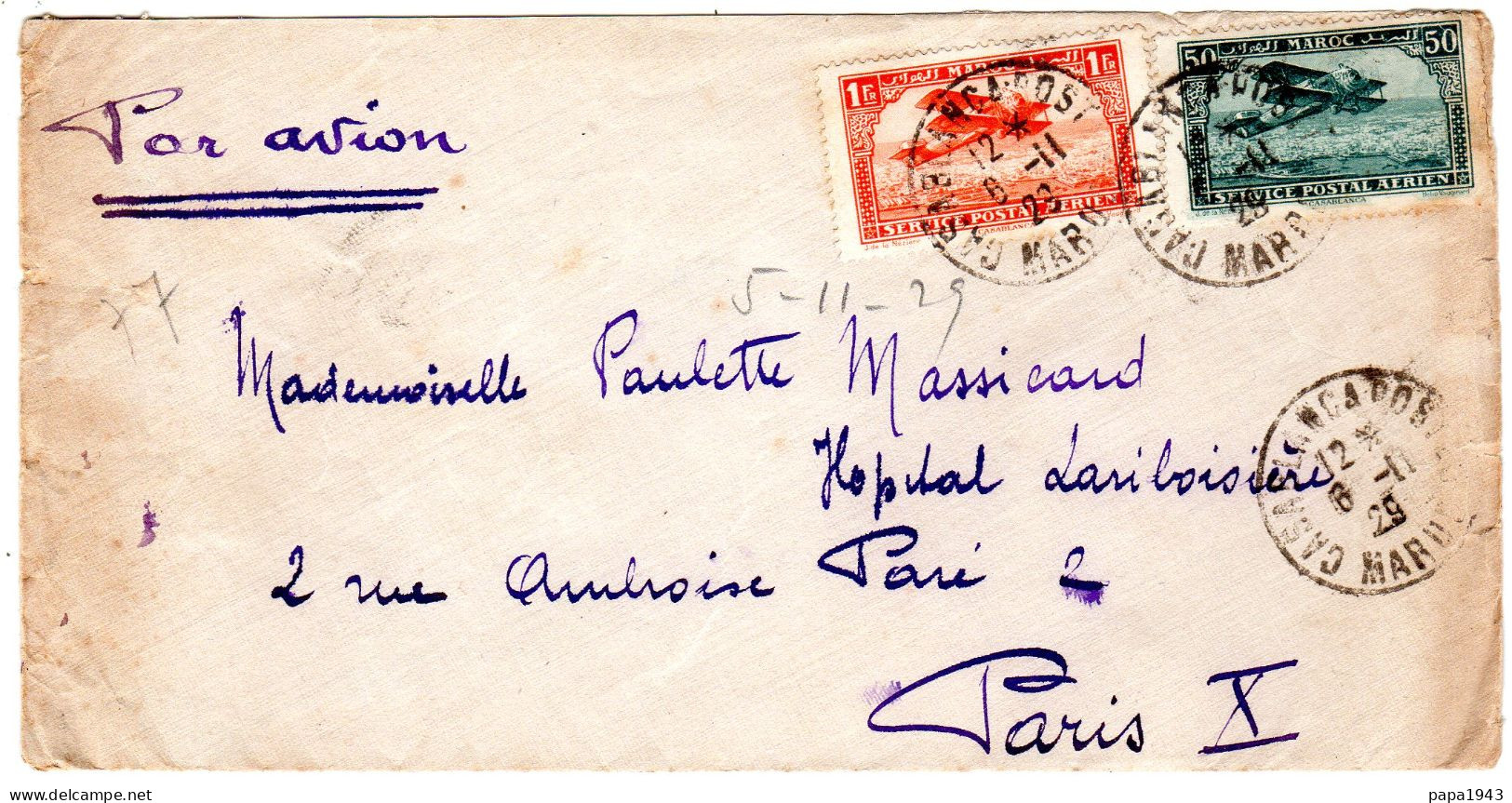 1929  CAD CASABLANCA POSTE  T P  Poste Aérienne 1f + 0,50c - Storia Postale
