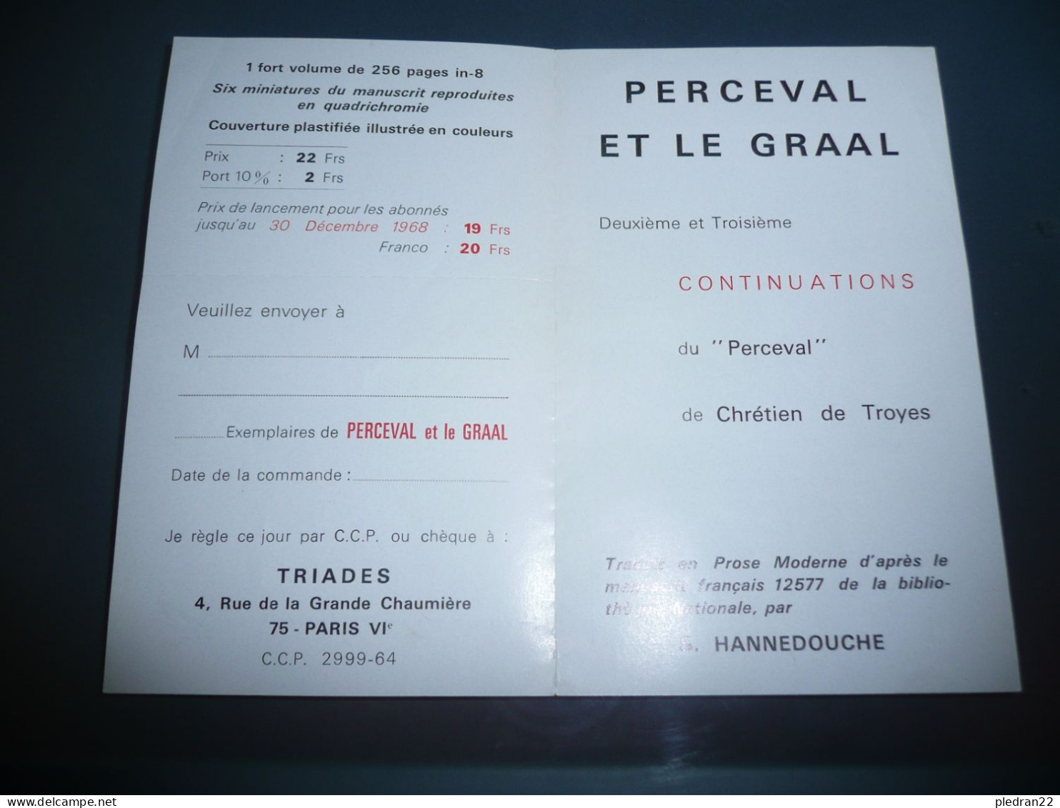 PUBLICITE EDITIONS TRIADES PUBLICATION CHRETIEN DE TROYES PERCEVAL ET LE GRAAL DEUXIEME ET TROISIEME CONTINUATIONS 1968 - Advertising