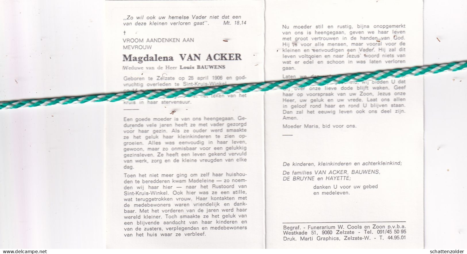 Melanie Van Acker-Bauwens, Zelzate 1906, Sint-Kruis-Winkel 1985 - Obituary Notices
