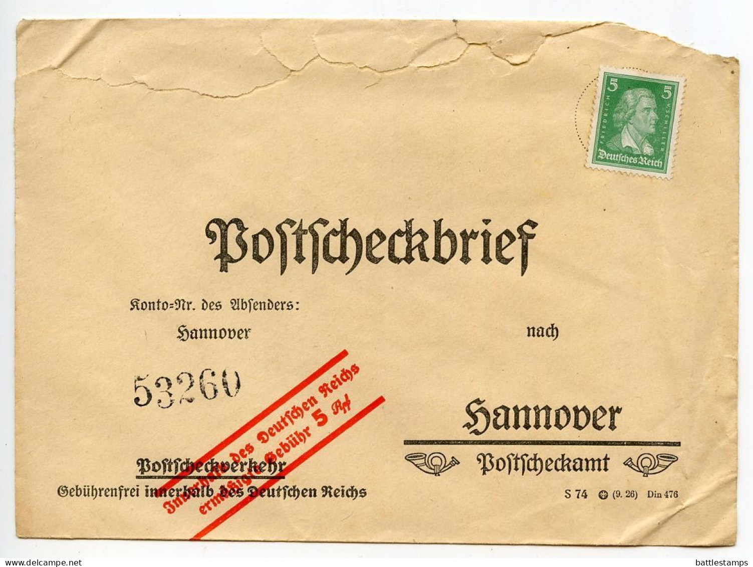 Germany 1920's Posta Check Cover; Hannover - Postscheckbrief; 5pf. Friedrich Von Schiller - Brieven En Documenten