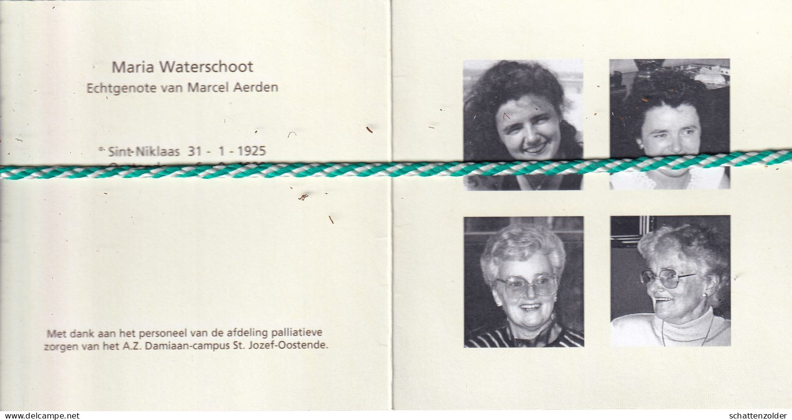 Marie Waterschoot-Aerden, Sint-Niklaas 1925, Oostende 1995. Foto - Obituary Notices