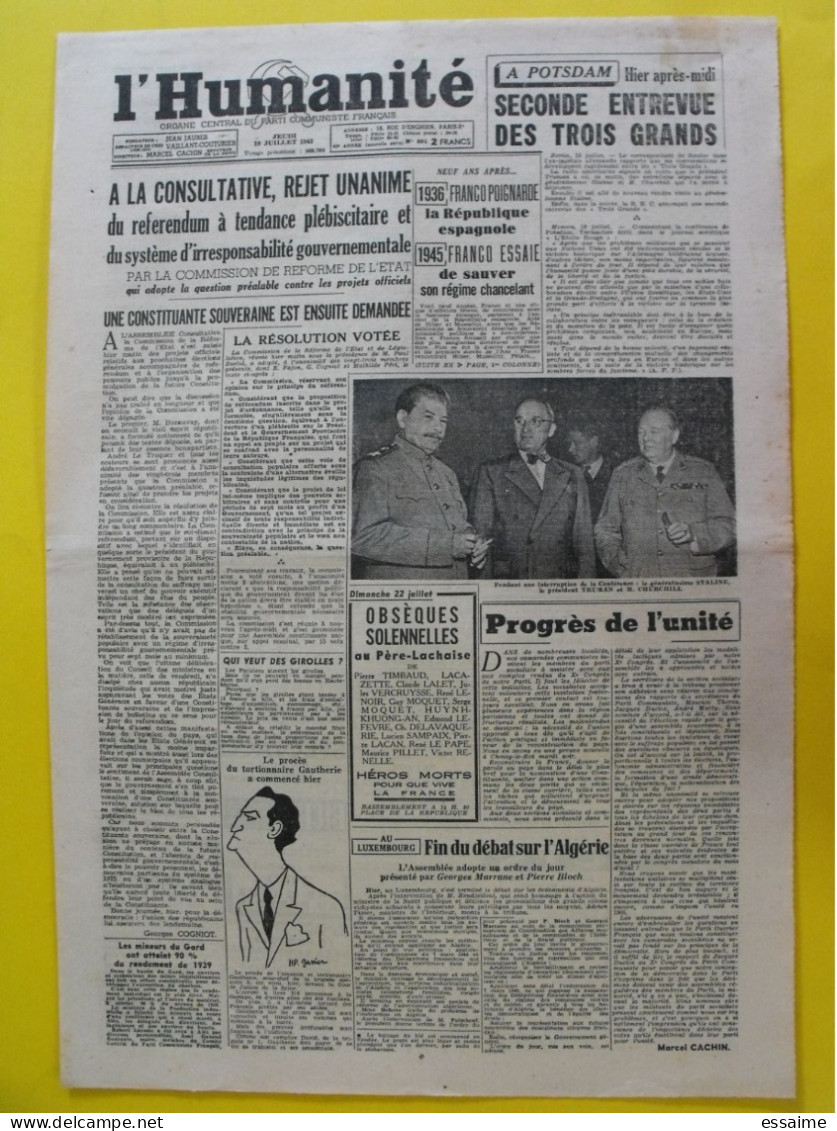 Journal  L'Humanité Du 19 Juillet1945. Guerre Franco Truman Staline Churchill épuration Gautherie David - Weltkrieg 1939-45