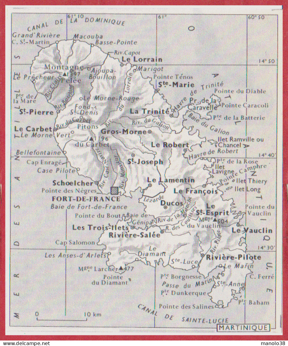 Carte De L'île De La Martinique. Larousse 1960. - Historical Documents
