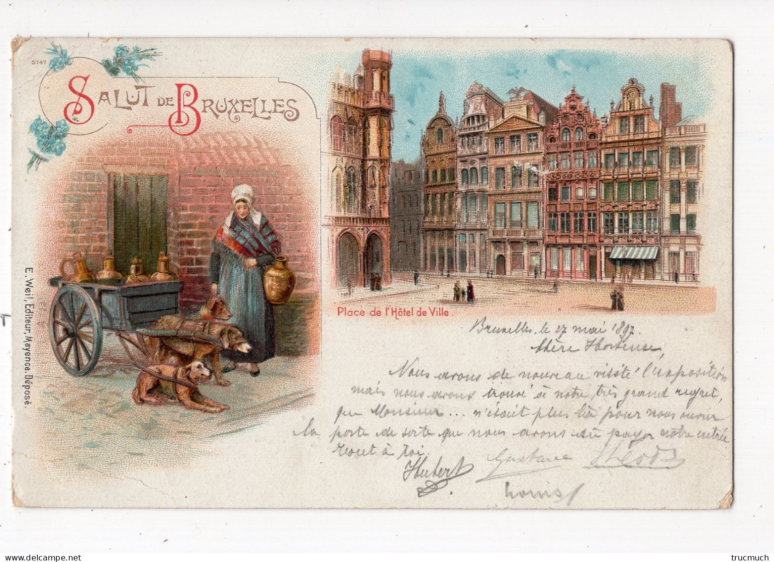 464 - Salut De BRUXELLES - Place De L'Hôtel De Ville - Charrette à Chiens  *litho*1897* - Monuments