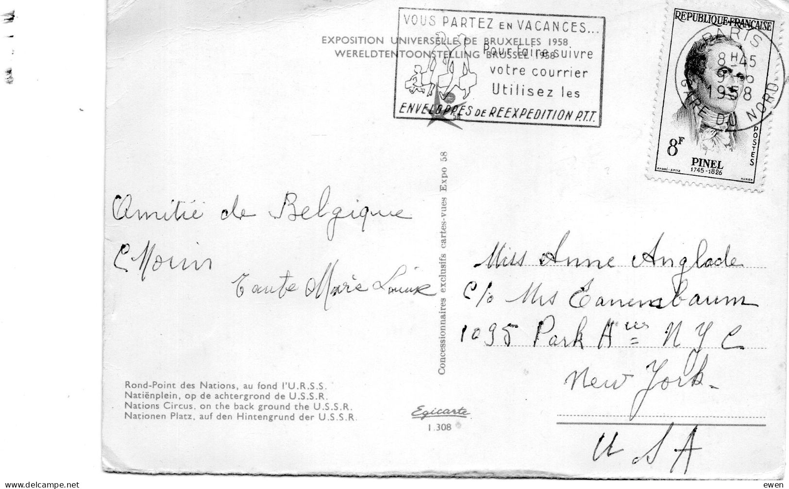 Timbre Pinel (N° 1142) Seul Sur Carte 5 Mots Pour Les USA 1958 - 1921-1960: Periodo Moderno
