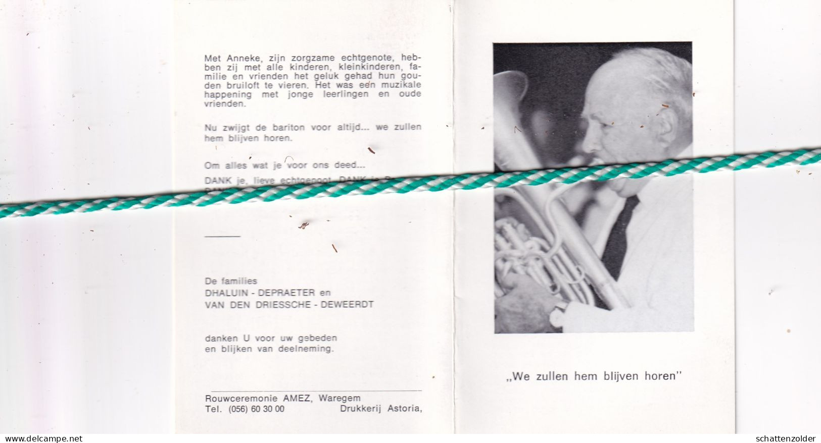 Maurits Dhaluin-Van Den Driessche, Waregem 1909, 1988. Foto Muzikant - Overlijden