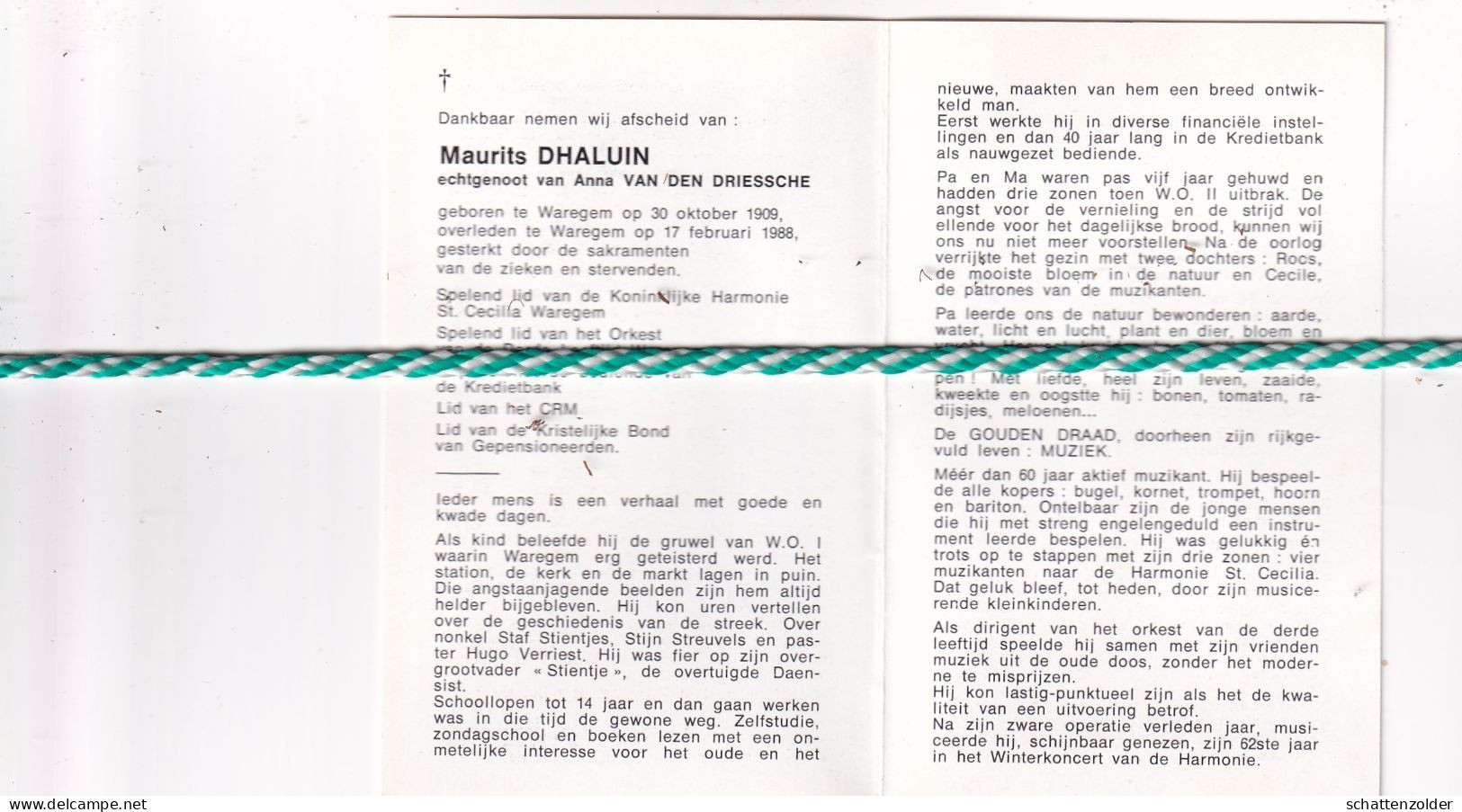 Maurits Dhaluin-Van Den Driessche, Waregem 1909, 1988. Foto Muzikant - Obituary Notices