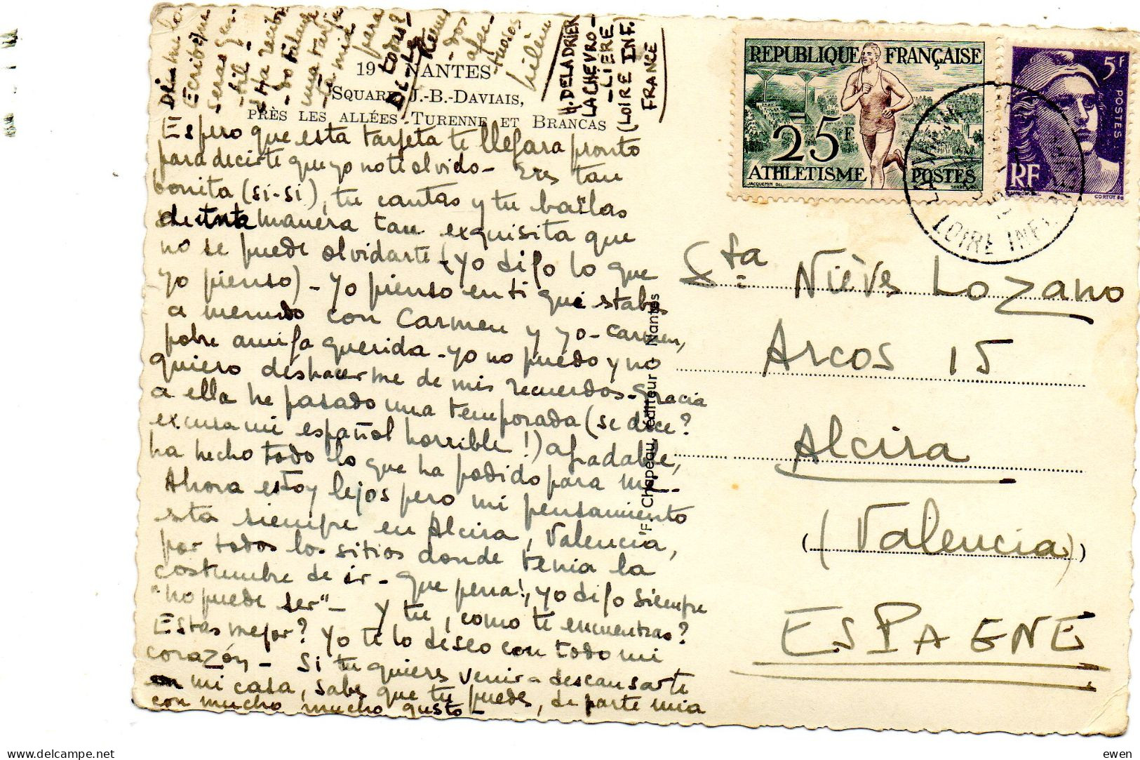 Timbre JO Athlétisme (N° 961) Sur Carte Postale Pour L'Espagne. - 1921-1960: Période Moderne