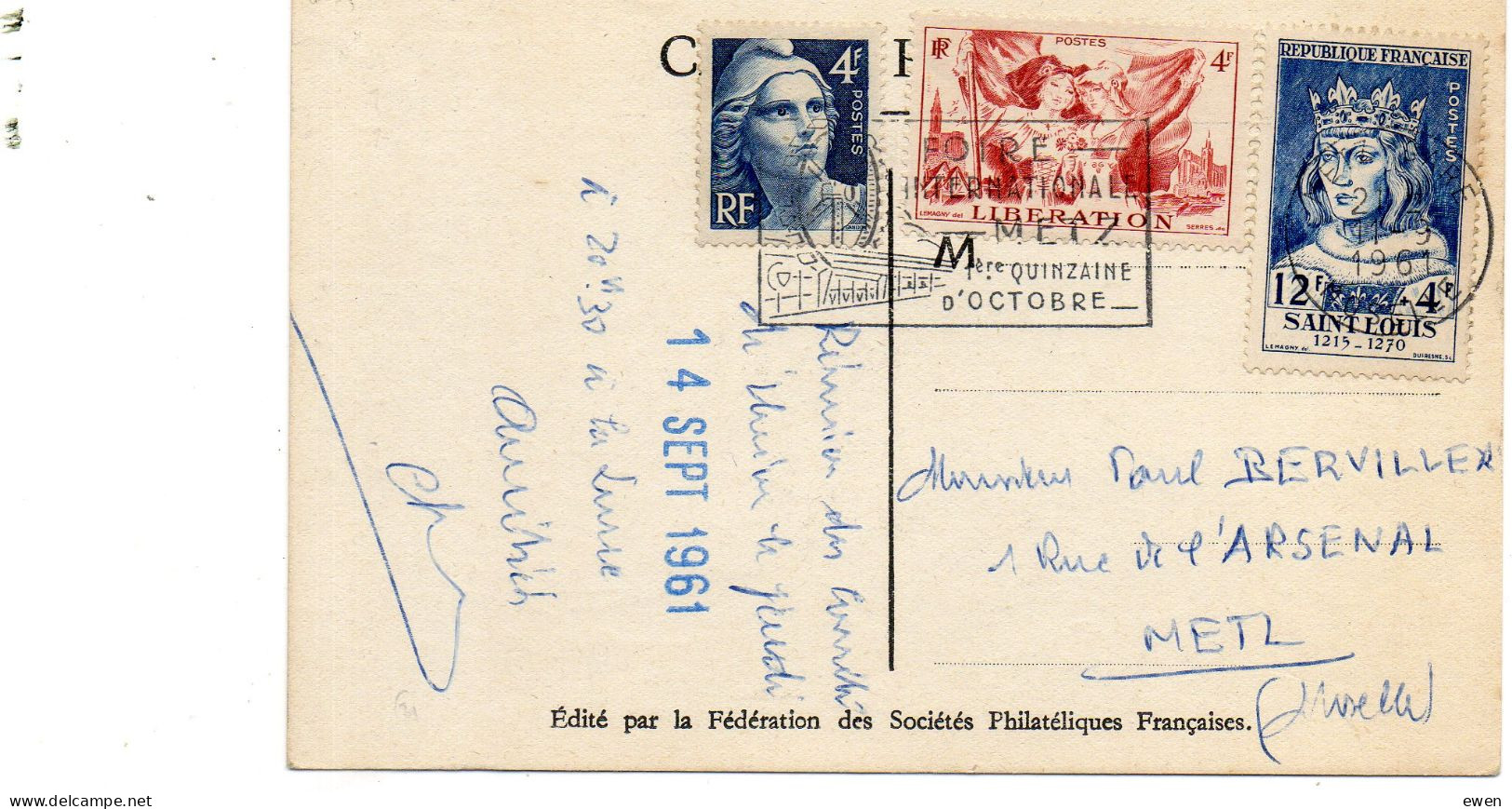 Timbre Saint-Louis 12F+4F (N° 989) Sur Carte Postale. - 1921-1960: Moderne