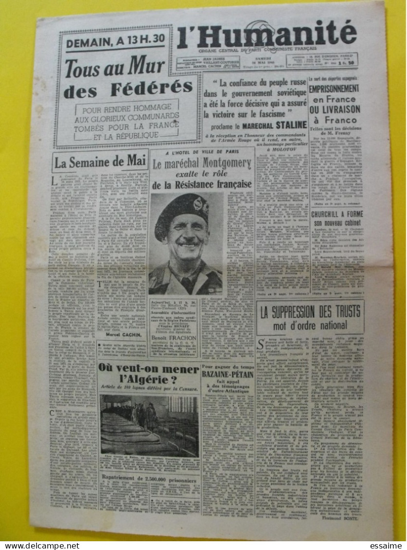 Journal  L'Humanité Du 26 Mai 1945. Guerre MOntgomery Staline Franco Churchill Pétain Molotov - War 1939-45