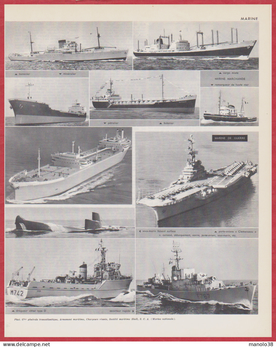 Navire. Marine Marchande Et De Guerre. Bananier, Minéralier, Dragueur Côtier, Escorteur ... Larousse 1960. - Documenti Storici