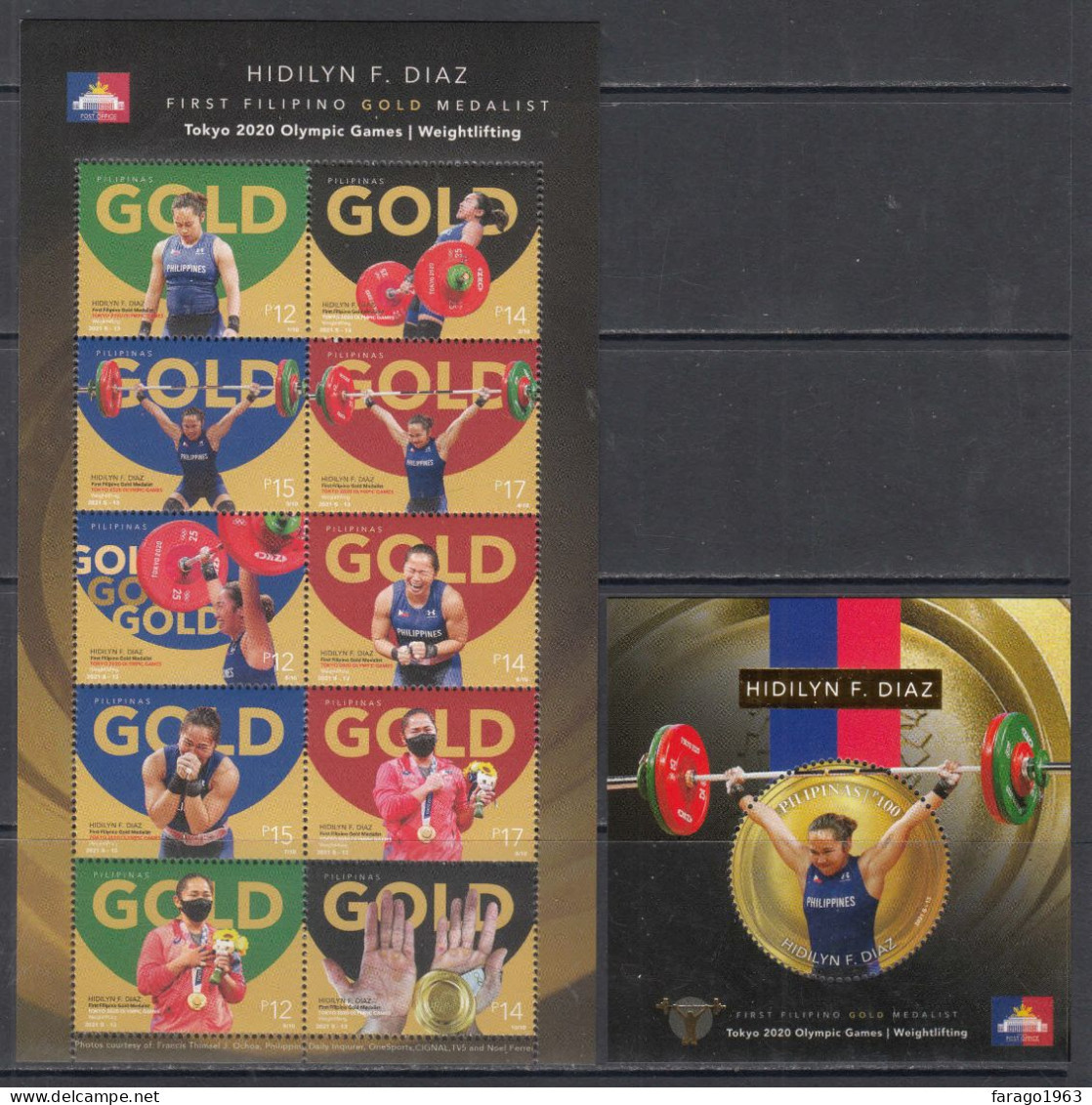 2021 Philippines Tokyo Olympics Weightlifting  Miniature Sheet Of 10 + Souvenir Sheet GOLD MNH - Filipinas