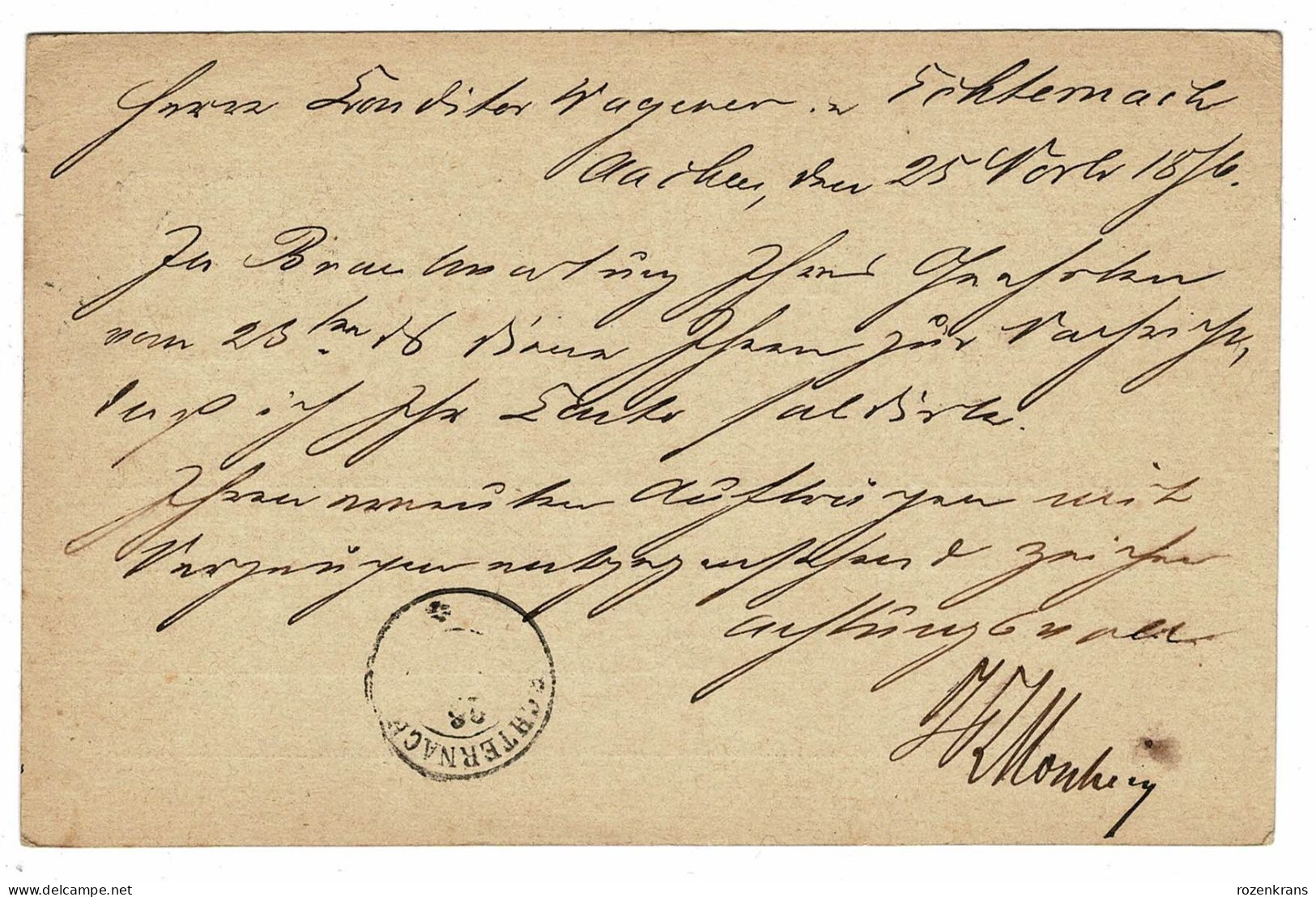 EP E.P. Entier Postale Ganzsache DEUTSCHE REICHSPOST Postkarte AACHEN 1876 5 Funf Pfennige Naar Echternach Luxemburg - Cartes Postales