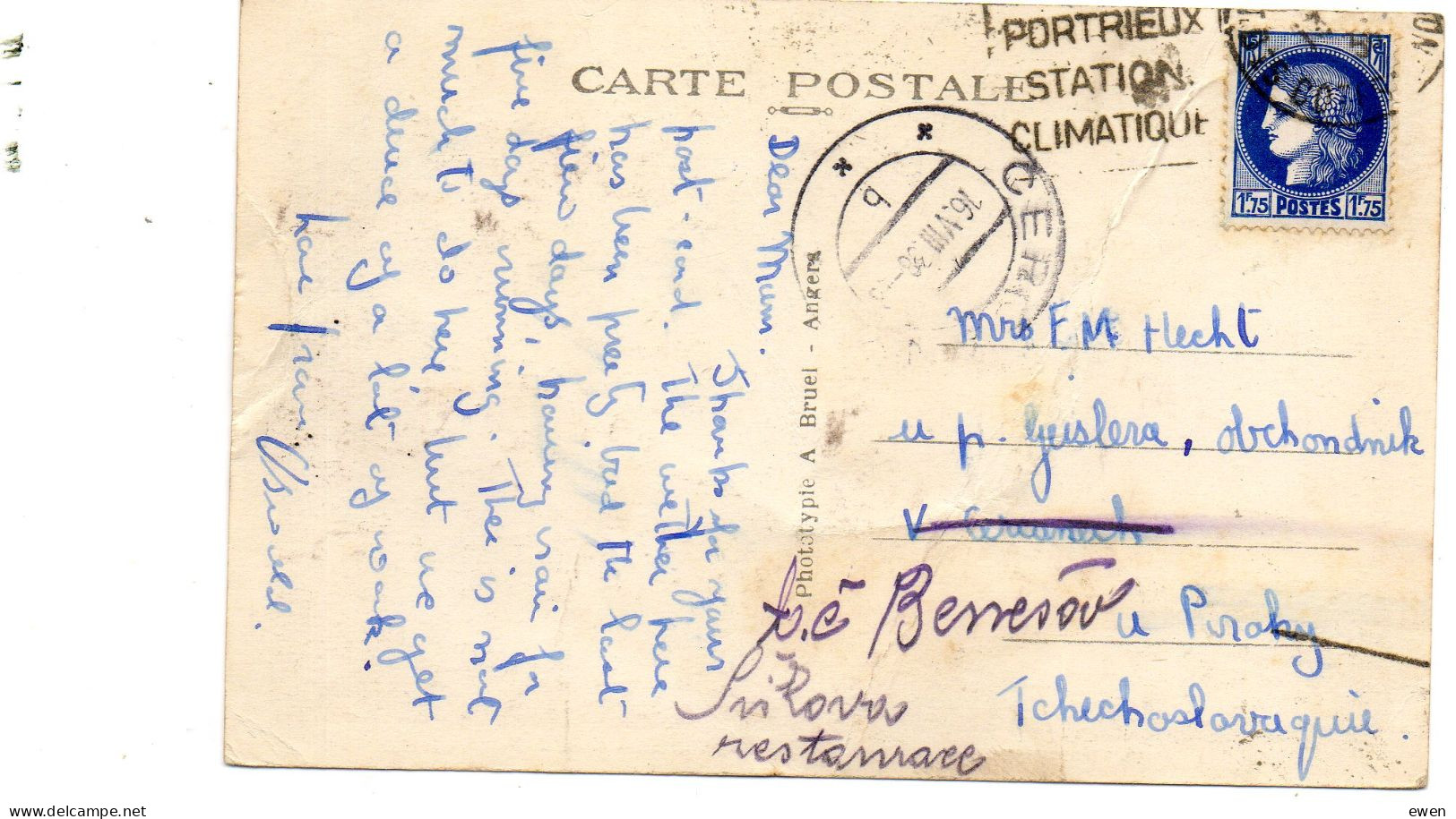 Timbre Cérès 1.75F (N°372) Seul Sur Carte Postale Vers La Tchécoslovaquie. - 1921-1960: Modern Tijdperk
