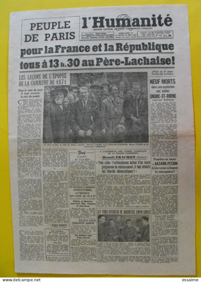 Journal  L'Humanité Du 27-28 Mai 1945. Guerre Pétain Thorez Cachin Frachon - Guerra 1939-45