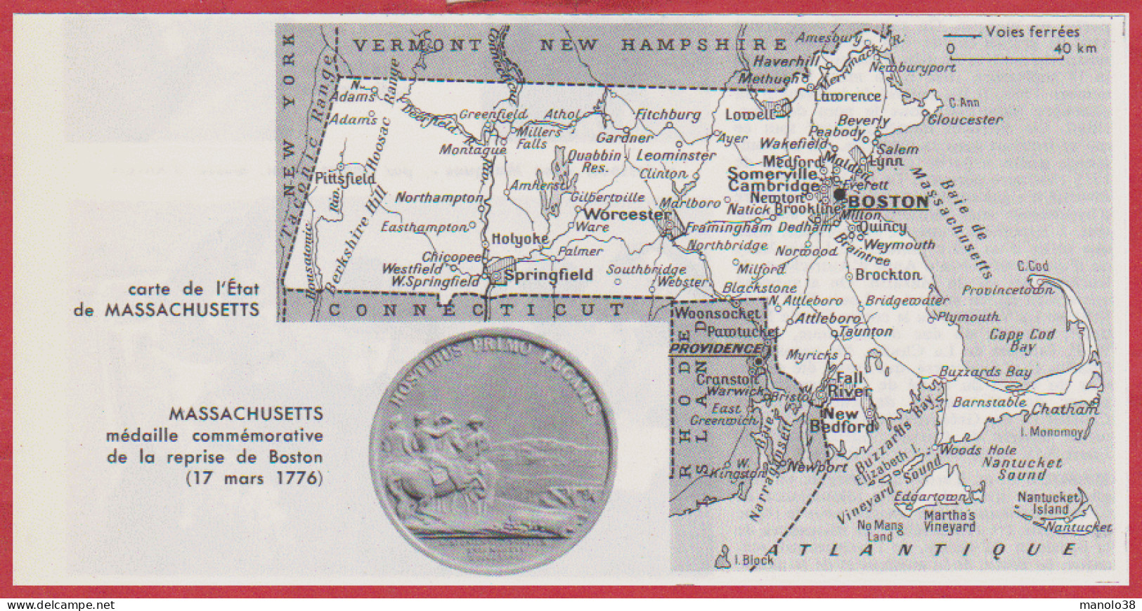 Carte Du Massachusetts, Avec Voies Ferrées. Médaille Commémorative De La Reprise De Boston En 1776. Larousse 1960. - Historical Documents