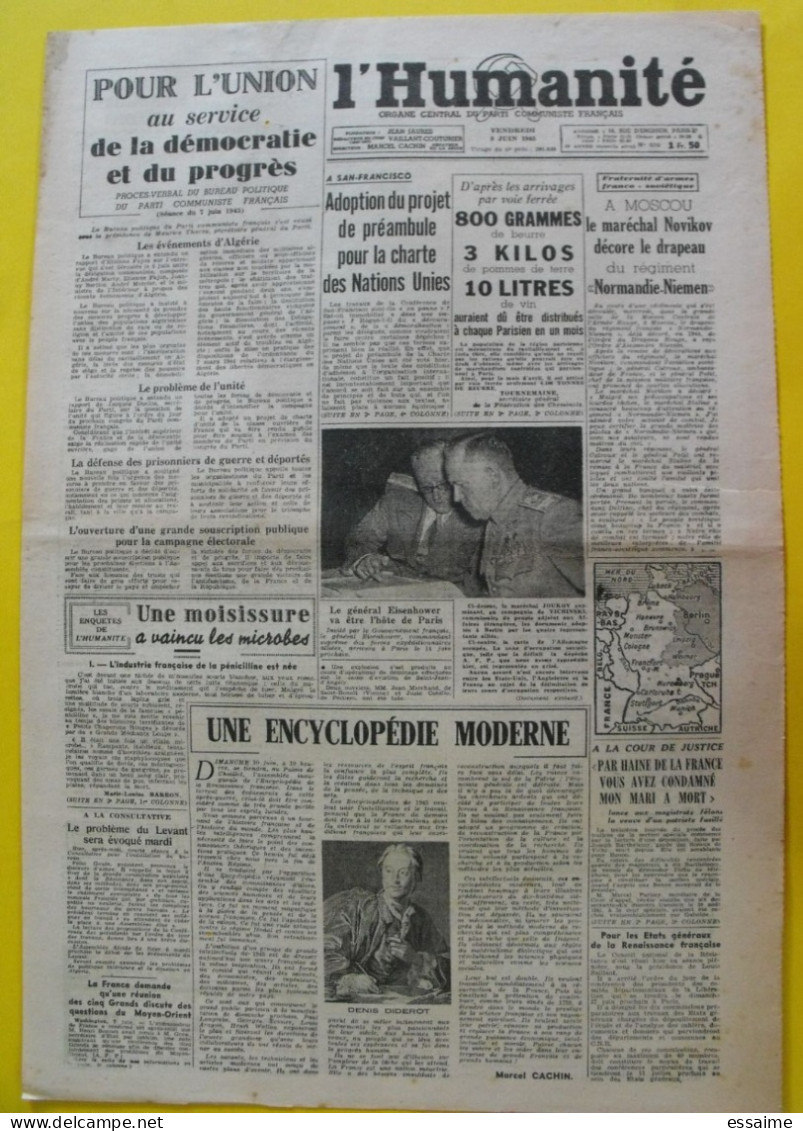 Journal  L'Humanité Du 8 Juin 1945. Guerre Eisenhower Joukov épuration Magistrats Cour Spéciale - War 1939-45