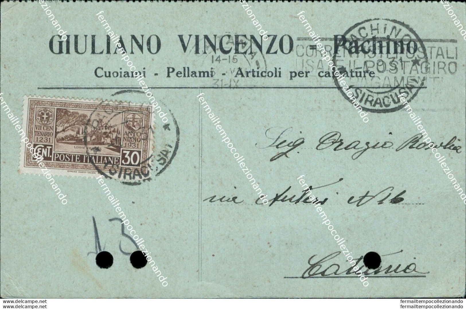 Bm519 Cartolina Commerciale Pachino Giuliano Vincenzo Fori D'archivio Siracusa - Siracusa