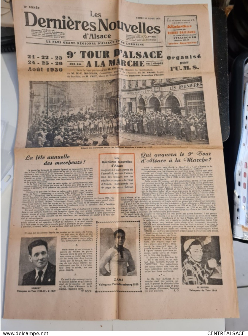 JOURNAL DERNIERES NOUVELLES ALSACE AOUT 1950 9° TOUR D'ALSACEA LA MARCHE - Documents Historiques