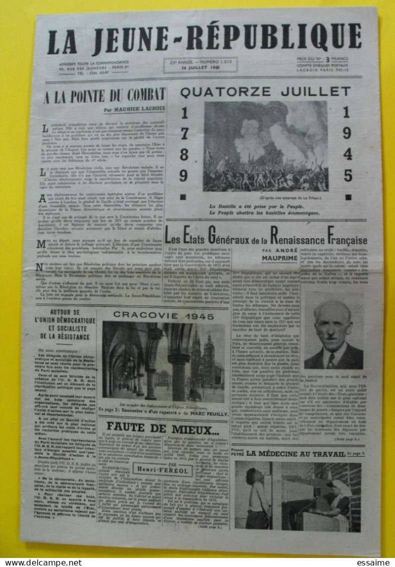 Journal La Jeune République Du 14 Juillet 1945. Buchenwald Partisans Martyrs Pons Chalvin - War 1939-45