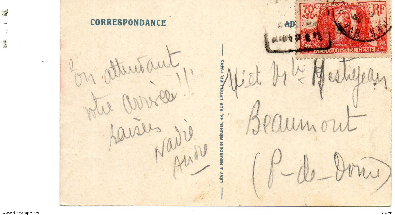 Timbre Génie Militaire 70c+50c (N°423) Seul Sur Carte Postale. - 1921-1960: Periodo Moderno