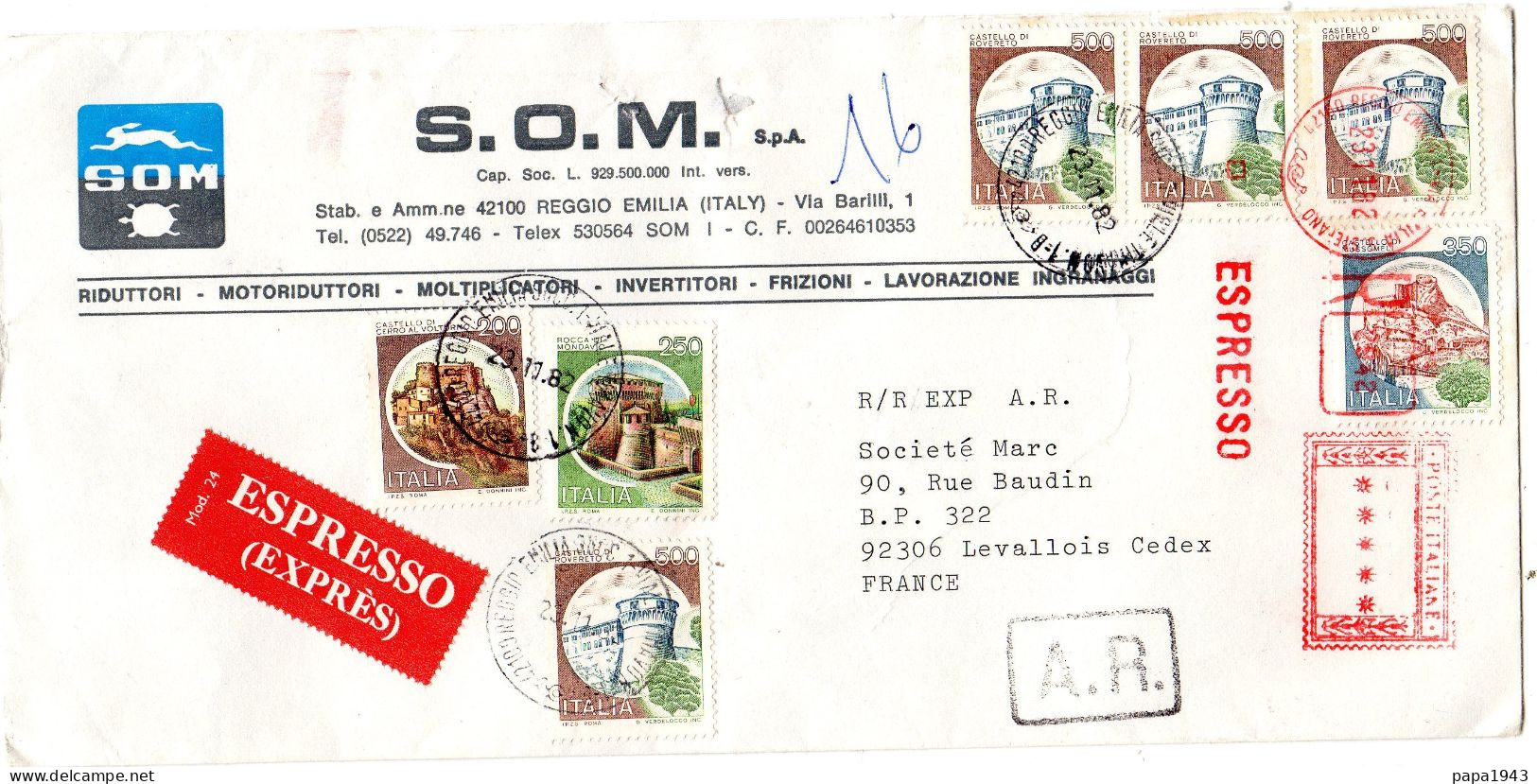 1982  Lettre  EXPRESSO Avec  A R   "  S O M  Réggio Emilia  Via Barilli " Envoyée à LEVALLOIS - 1981-90: Oblitérés