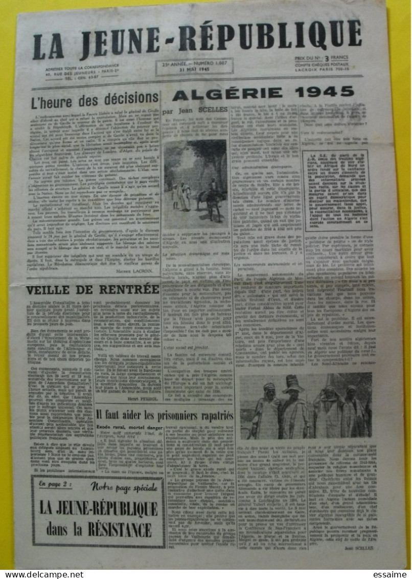 Journal La Jeune République Du 31 Mai 1945. Algérie Prisonniers Rapatriés Résistance Martyrs Bouzon Leroy - War 1939-45