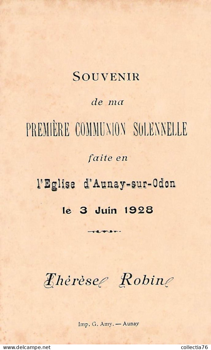 VIEUX PAPIERS FAIRE PART COMMUNION 14 CALVADOS AUNAY SUR ODON  3 JUIN 1928  THERESE ROBIN - Comunión Y Confirmación