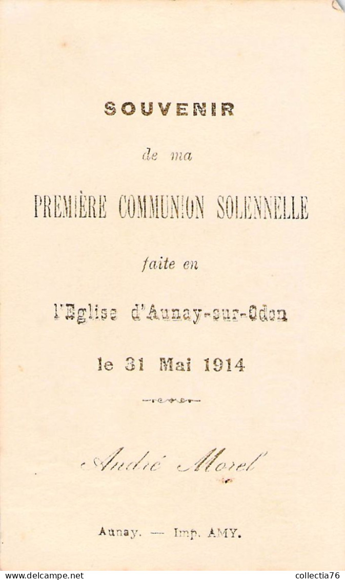 VIEUX PAPIERS FAIRE PART COMMUNION 14 CALVADOS AUNAY SUR ODON  31 MAI 1914  ANDRE MOREL - Kommunion Und Konfirmazion